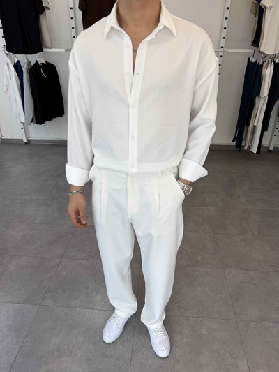 Oversize Kendinden Desenli Keten Gömlek Beyaz