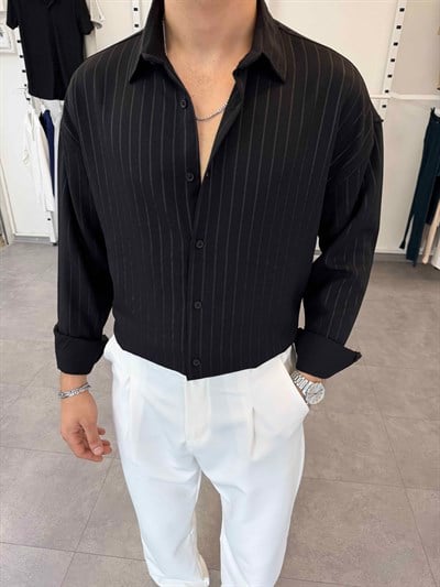 Oversize Kendinden Desenli Keten Gömlek Siyah