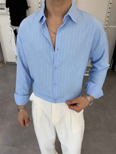 Oversize Kendinden Desenli Keten Gömlek Bebe Mavi