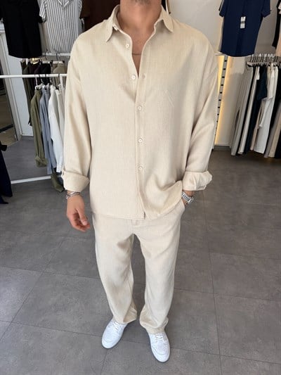Oversize Keten Takım Bej