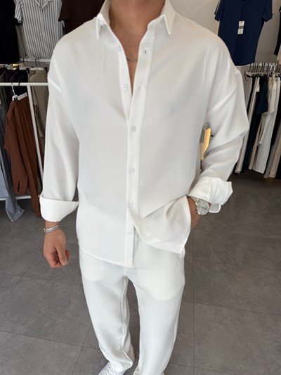 Oversize Keten Takım Beyaz