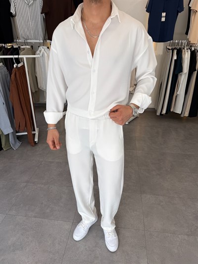 Oversize Keten Takım Beyaz