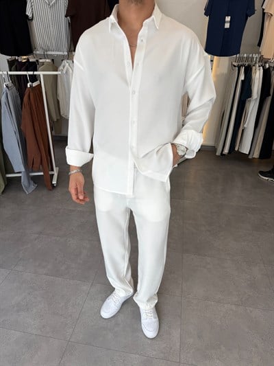 Oversize Keten Takım Beyaz