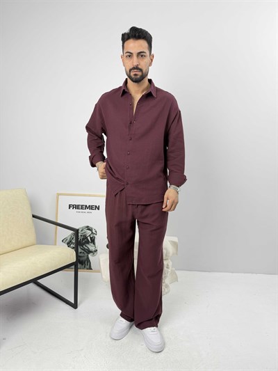 Oversize Pamuk Müslin Keten Takım Bordo