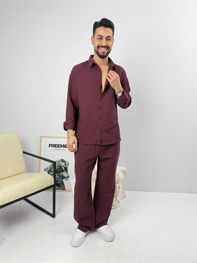 Oversize Pamuk Müslin Keten Takım Bordo