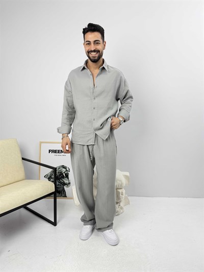 Oversize Pamuk Müslin Keten Takım Gri