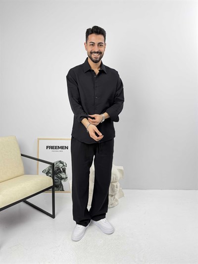 Oversize Pamuk Müslin Keten Takım Siyah