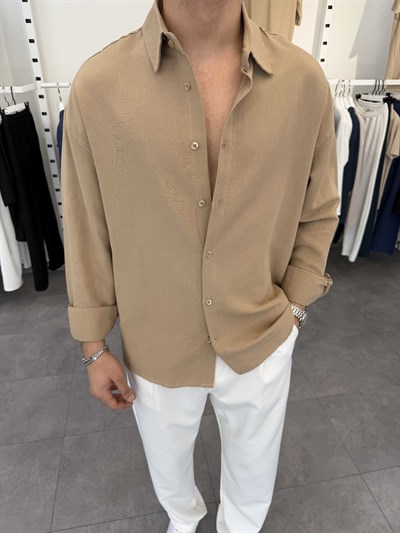 Oversize Pamuklu Keten Gömlek Bej