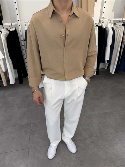 Oversize Pamuklu Keten Gömlek Bej