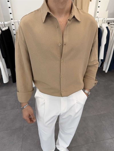 Oversize Pamuklu Keten Gömlek Bej