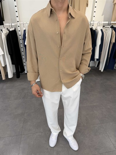 Oversize Pamuklu Keten Gömlek Bej