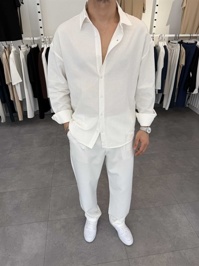 Oversize Pamuklu Keten Gömlek Beyaz