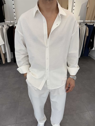 Oversize Pamuklu Keten Gömlek Beyaz