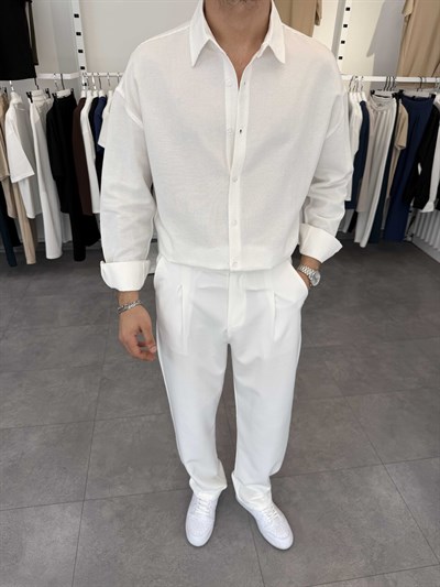 Oversize Pamuklu Keten Gömlek Beyaz