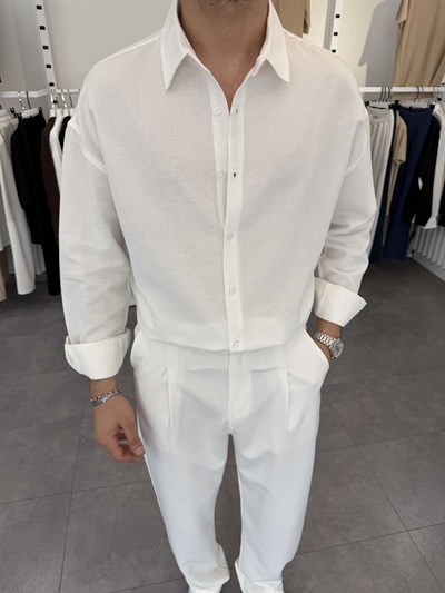 Oversize Pamuklu Keten Gömlek Beyaz