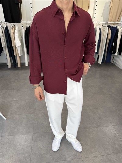 Oversize Pamuklu Keten Gömlek Bordo