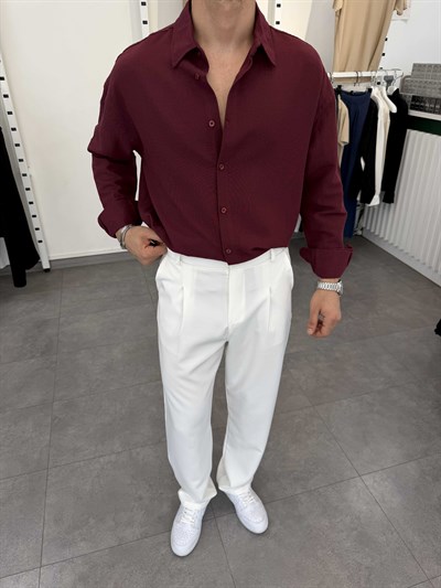Oversize Pamuklu Keten Gömlek Bordo