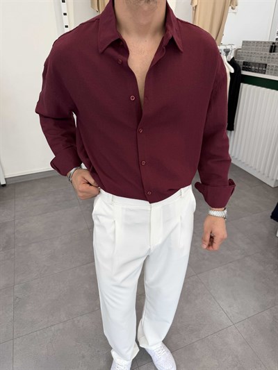 Oversize Pamuklu Keten Gömlek Bordo