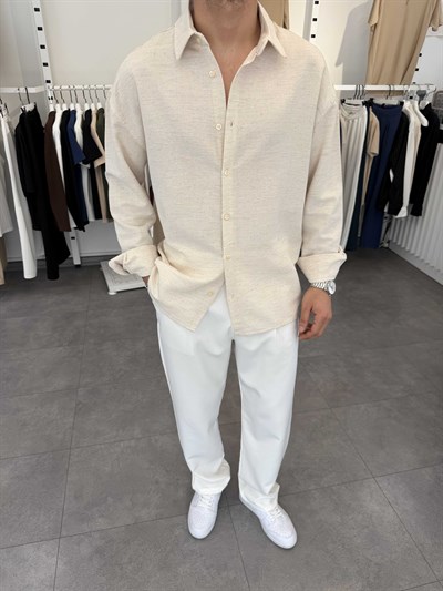 Oversize Pamuklu Keten Gömlek Ekru