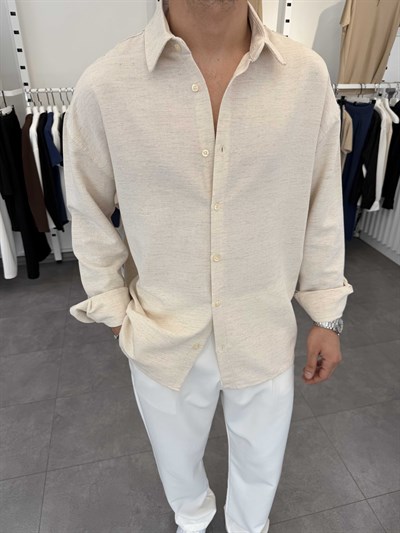 Oversize Pamuklu Keten Gömlek Ekru