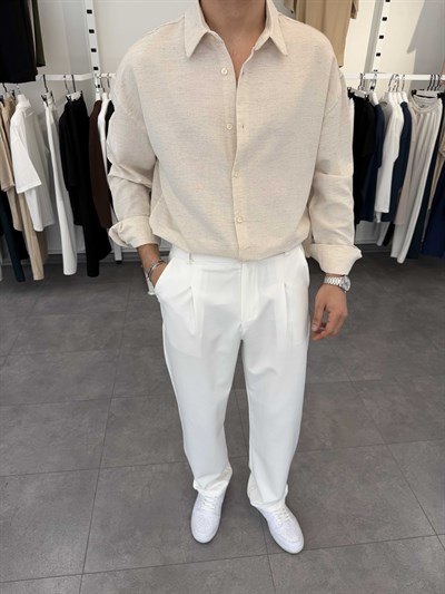 Oversize Pamuklu Keten Gömlek Ekru