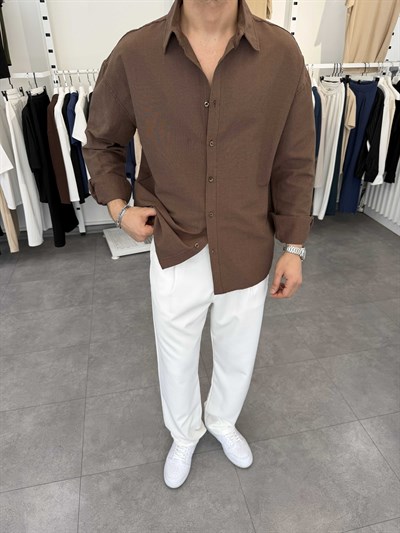 Oversize Pamuklu Keten Gömlek Kahve