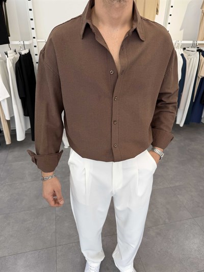 Oversize Pamuklu Keten Gömlek Kahve