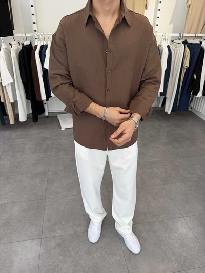 Oversize Pamuklu Keten Gömlek Kahve