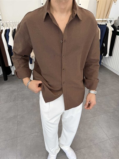 Oversize Pamuklu Keten Gömlek Kahve