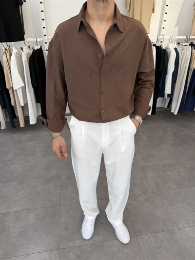 Oversize Pamuklu Keten Gömlek Kahve