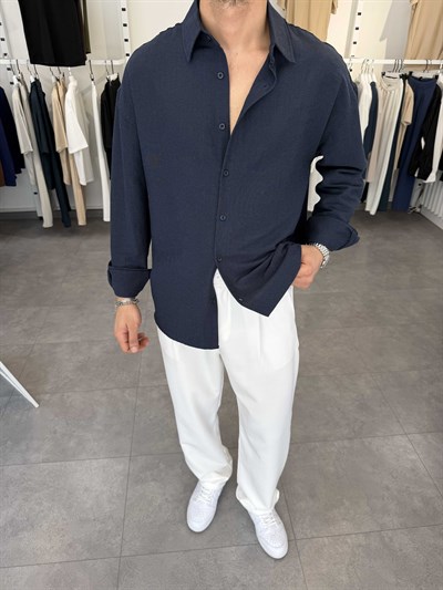 Oversize Pamuklu Keten Gömlek Lacivert