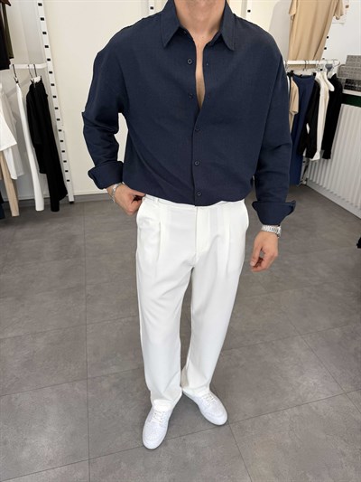 Oversize Pamuklu Keten Gömlek Lacivert