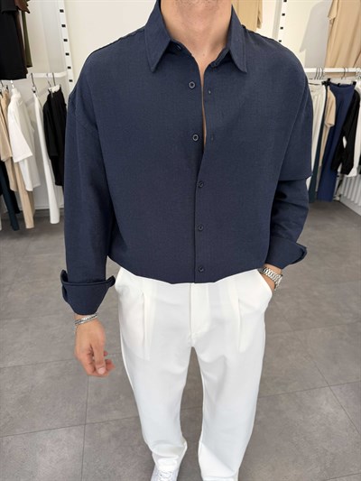 Oversize Pamuklu Keten Gömlek Lacivert