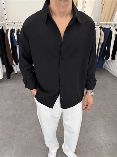 Oversize Pamuklu Keten Gömlek Siyah