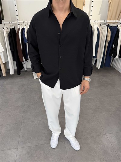 Oversize Pamuklu Keten Gömlek Siyah