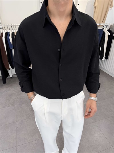 Oversize Pamuklu Keten Gömlek Siyah