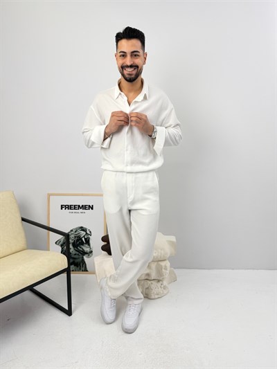 Oversize Sofia Keten Takım Beyaz