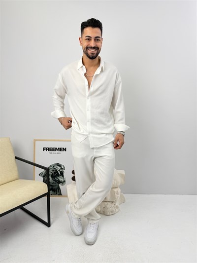 Oversize Sofia Keten Takım Beyaz