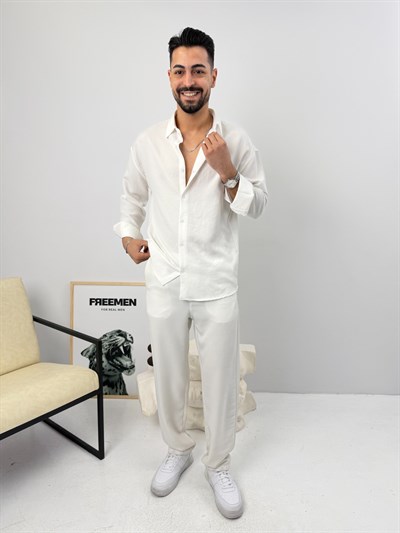 Oversize Sofia Keten Takım Beyaz