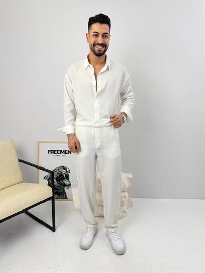 Oversize Sofia Keten Takım Beyaz