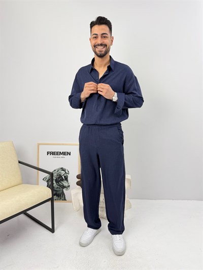 Oversize Sofia Keten Takım Lacivert
