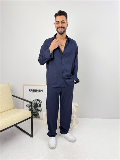 Oversize Sofia Keten Takım Lacivert