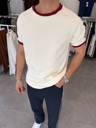 Oversize Yaka Kol Detaylı Tişört Bordo