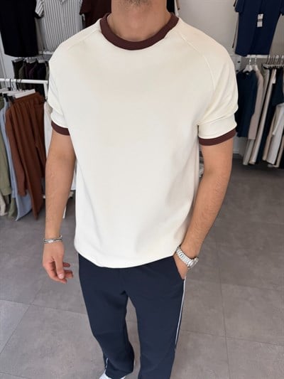 Oversize Yaka Kol Detaylı Tişört Kahve