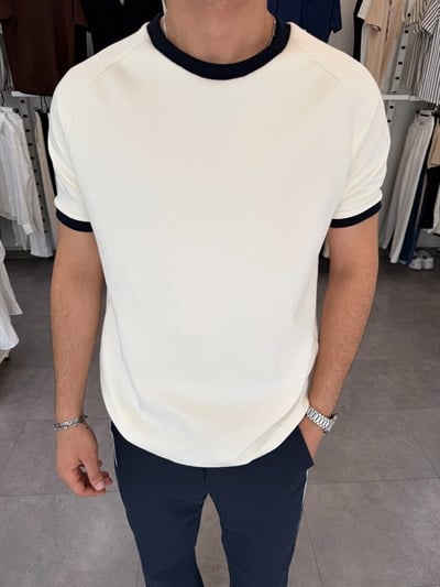 Oversize Yaka Kol Detaylı Tişört Lacivert