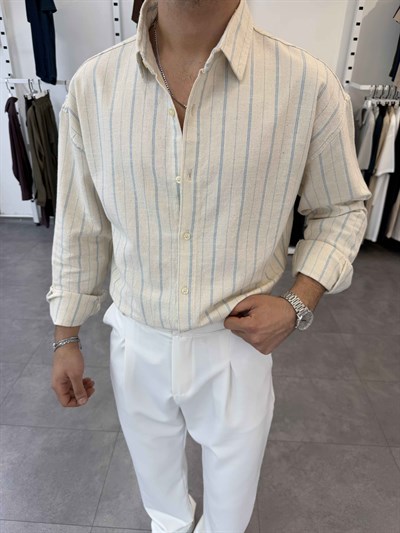 Oversize Yıkamalı Çizgili Gömlek Bebe Mavi