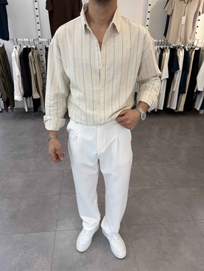 Oversize Yıkamalı Çizgili Gömlek Bebe Mavi