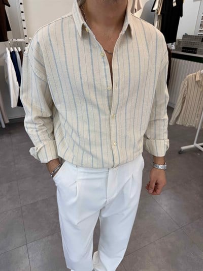 Oversize Yıkamalı Çizgili Gömlek Bebe Mavi