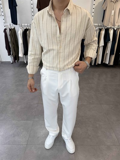 Oversize Yıkamalı Çizgili Gömlek Bej
