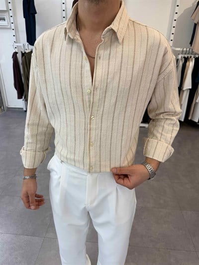 Oversize Yıkamalı Çizgili Gömlek Bej